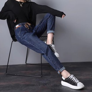 宽松高腰显瘦哈伦老爹萝卜裤 女2025新款 子 松紧腰加绒牛仔裤 秋冬季