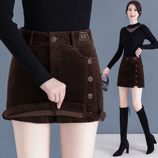 灯芯绒短裙裤女2025年秋冬季新款高腰a字外穿假两件条绒靴短裤子