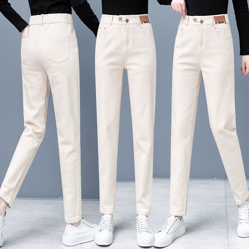 米白色牛仔裤女2025年新款秋季休闲老爹萝卜哈伦裤高腰烟管薄裤子