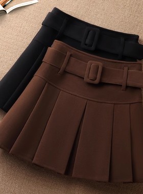 毛呢半身裙女2025新款秋冬季高腰百褶裙小香风伞裙a字包臀短裙子