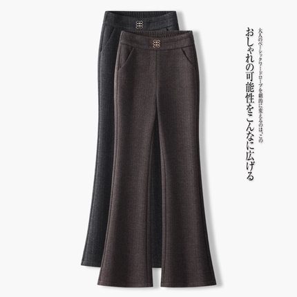加绒加厚毛呢微喇裤女秋冬季新款高腰小个子妈妈裤子九分休闲长裤