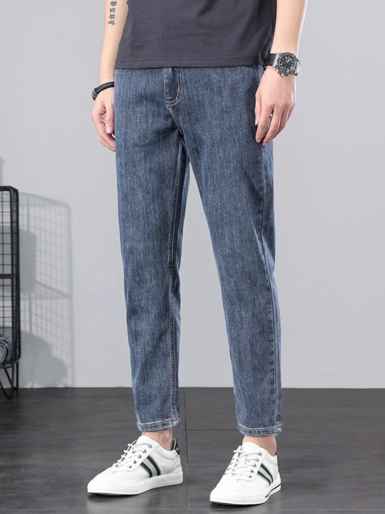 香港2025夏季薄款蓝灰色九分牛仔裤男士宽松直筒休闲弹力9分裤子