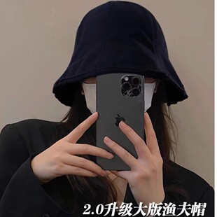 大头姐姐帽社新款大头围渔夫帽大码遮脸毛边圆脸素颜盆帽水桶帽子