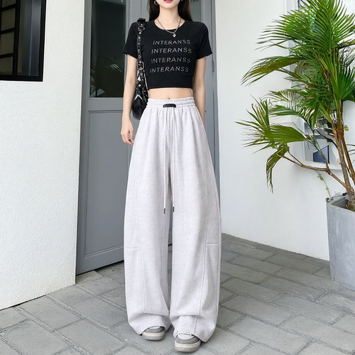 白色大码弯刀裤女裤子春秋胖妹妹mm高腰宽松显瘦阔腿休闲运动卫裤