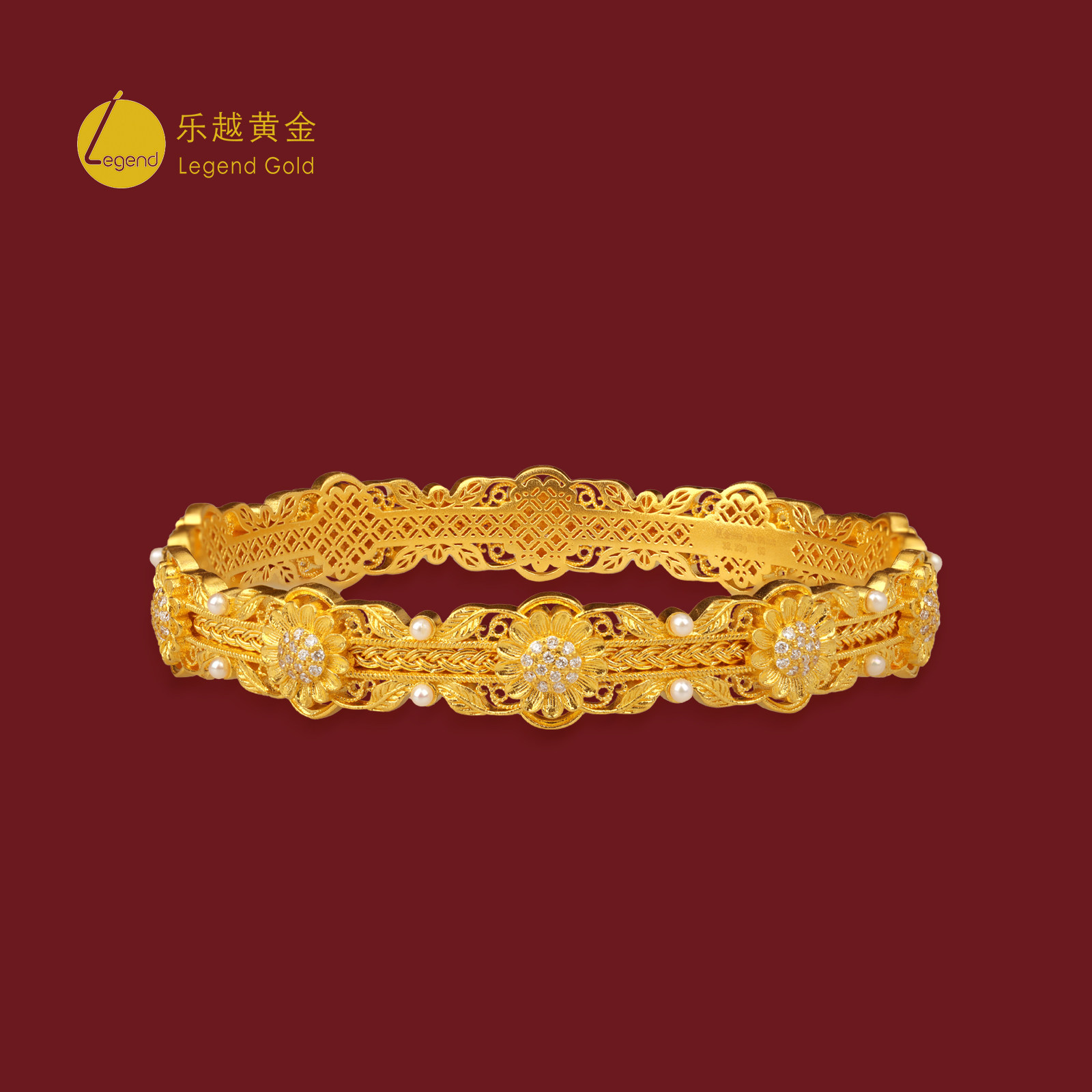 乐越黄金古法金色花语手镯镶钻足金999花丝镂空灵花祥瑞花面