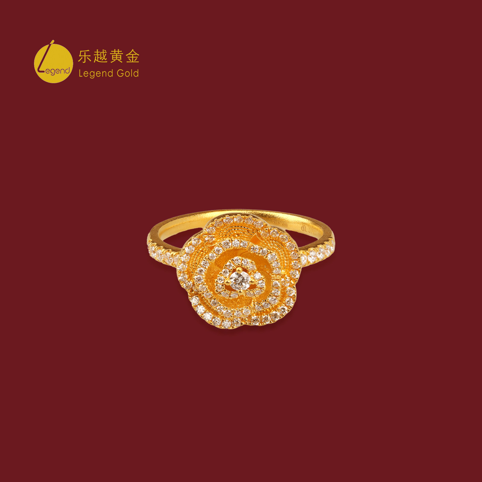 乐越黄金古法一枚定情戒指足金999花朵点钻满钻镶嵌钻石送女友