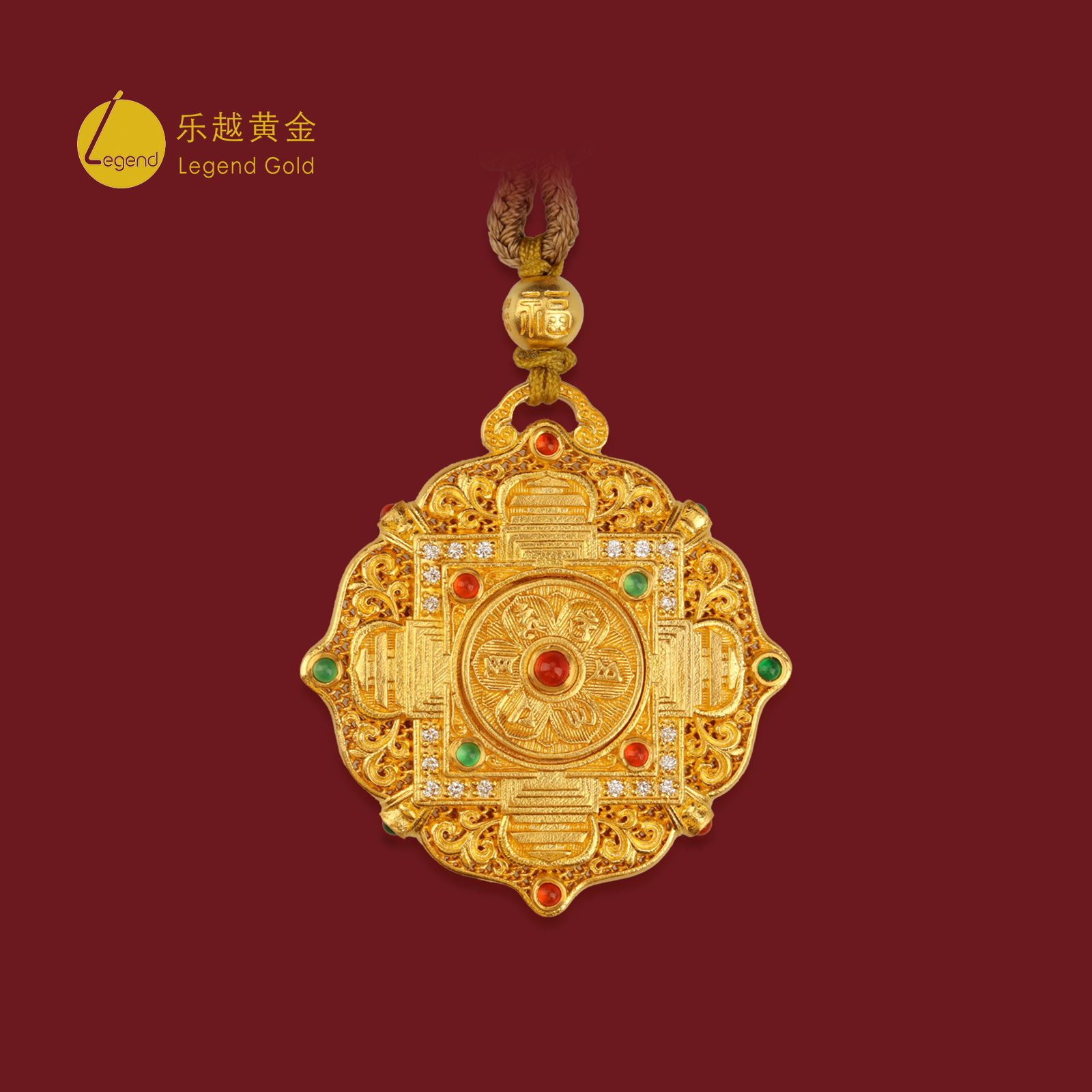 乐越黄金古法福韵坛城吊坠钻石足金999珐琅点钻罗盘挂坠镶嵌