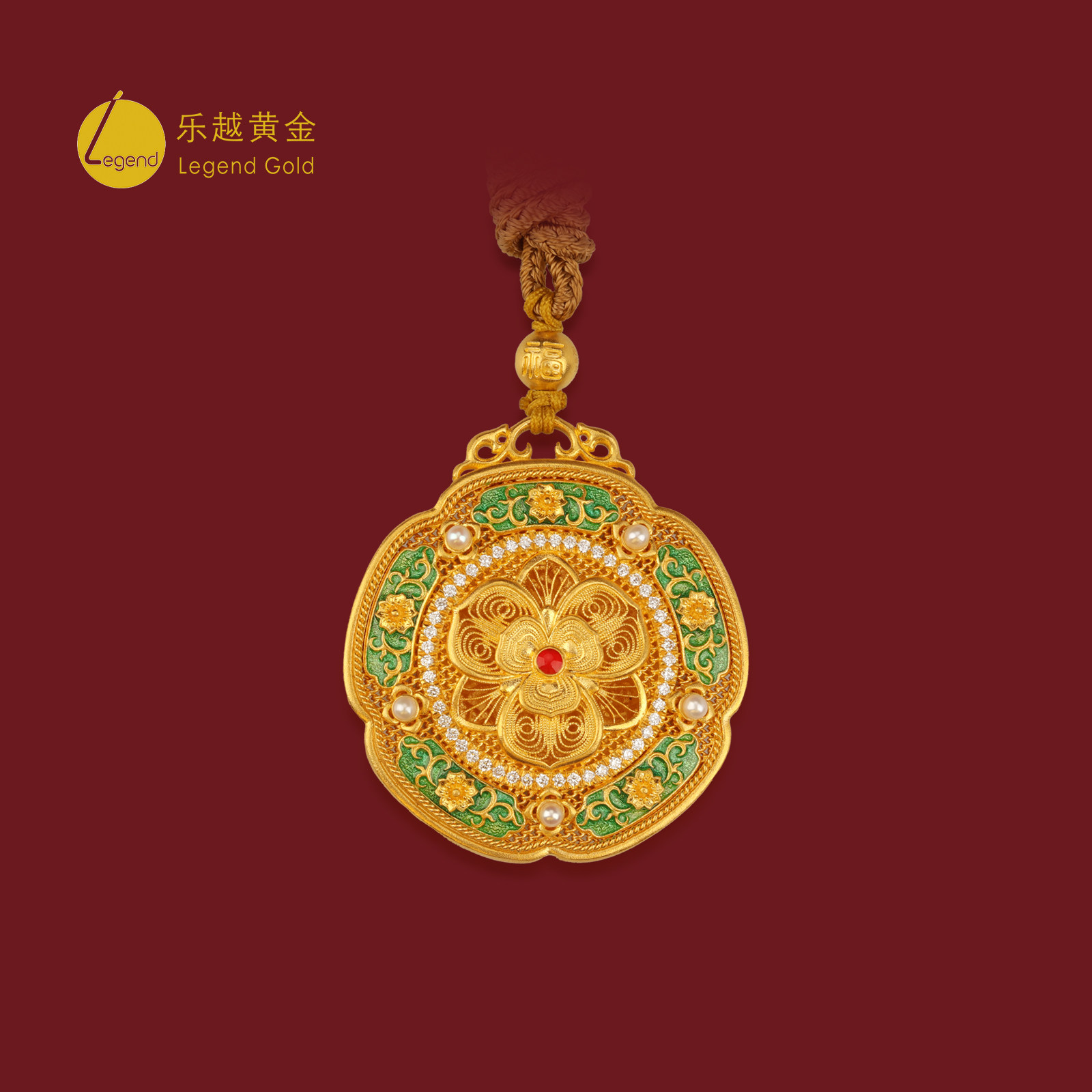 乐越黄金古法富贵牡丹圆盘项坠足金999点钻鎏彩镂空花丝送妈妈