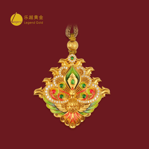 乐越黄金古法孔雀开屏吊坠钻石足金999珐琅点钻送妈妈礼物