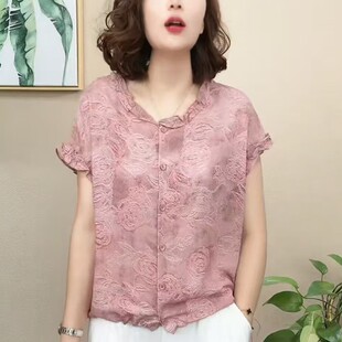 时尚女装提花棉短袖天丝棉麻衬衫夏装新款洋气高贵设计感女士小衫