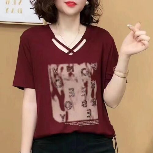 短袖T恤女2026夏季新款宽松百搭妈妈装气质显瘦时尚印花V领上衣女