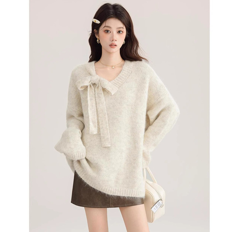 感挂脖红色领宽松大板针织衫毛衣女2025秋冬大码中长款上衣女套头