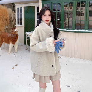 白色高级感轻熟风毛呢外套女2025冬新款 气质拼接毛绒立领棉服 时尚