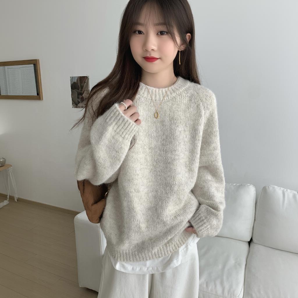糯慵懒内搭宽松圆领宽松奶上衣长袖套头针织衫毛衣打底衫女fufu软