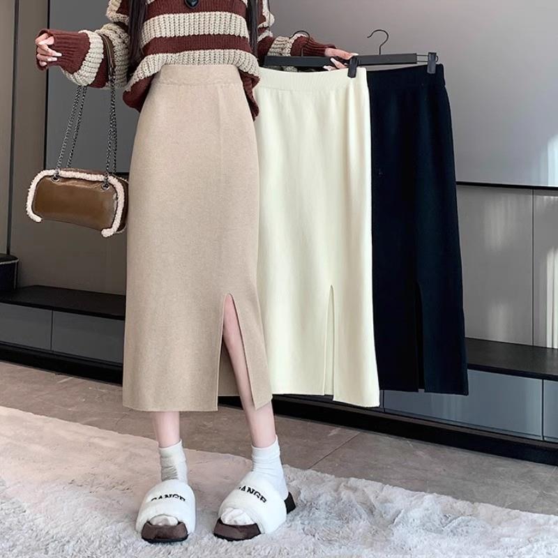 小个子a字针织开叉半身裙中长款过膝春秋显瘦黑色包臀直筒一步裙