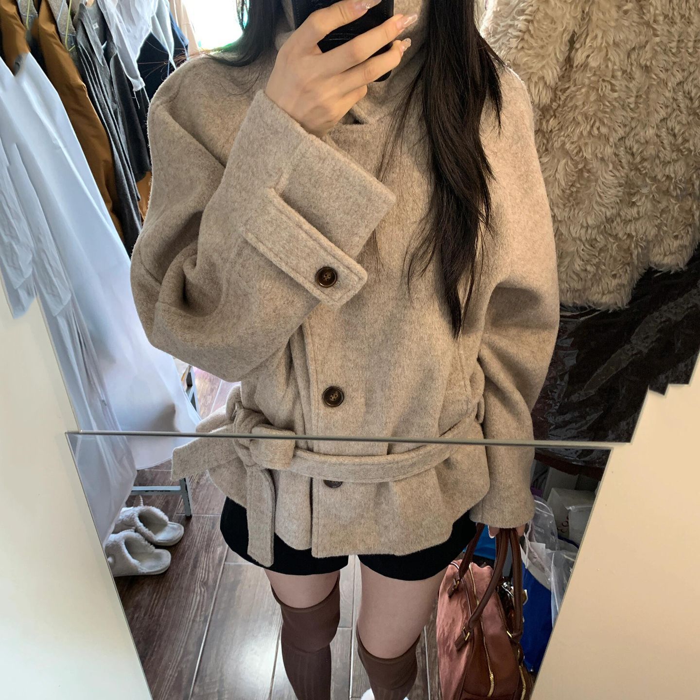 韩系立领腰带呢子大衣女新款毛呢外套小个子赫本风感气质