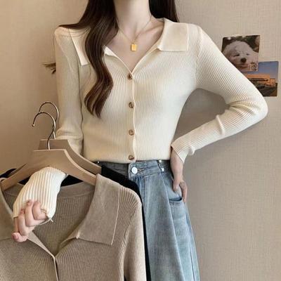 时尚polo领针织开衫女秋新季2025新款设计感洋气别致修身长袖上衣
