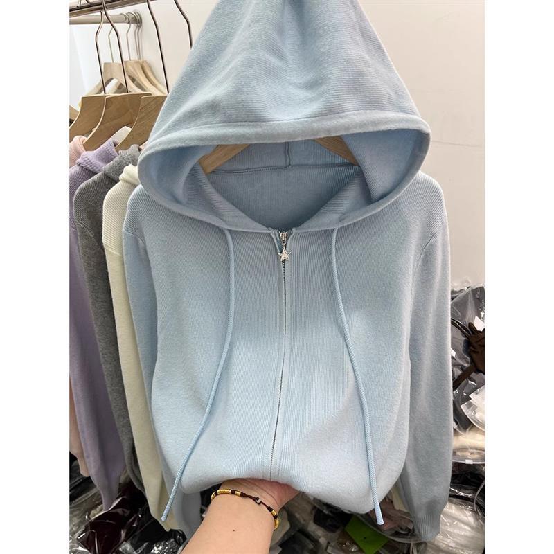 双拉链长袖针织衫开衫女上衣2025早春新款休闲洋气外搭连帽衫毛衣