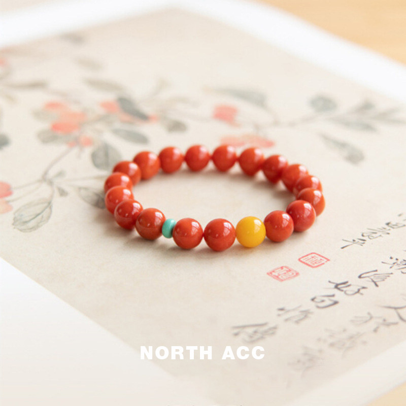 NORTHACC新中式复古天然南红玛瑙手串女云南保山蜜蜡手链小众设计