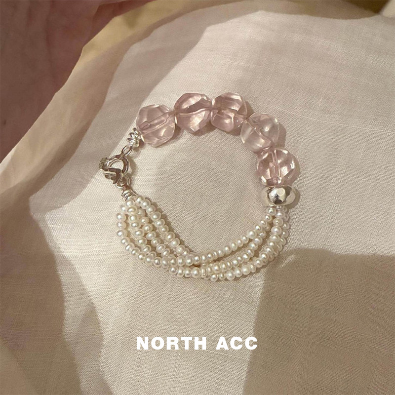 NORTHACC小香风多面切割仿粉水晶手串珠多层喜小众设计仿珍珠手链