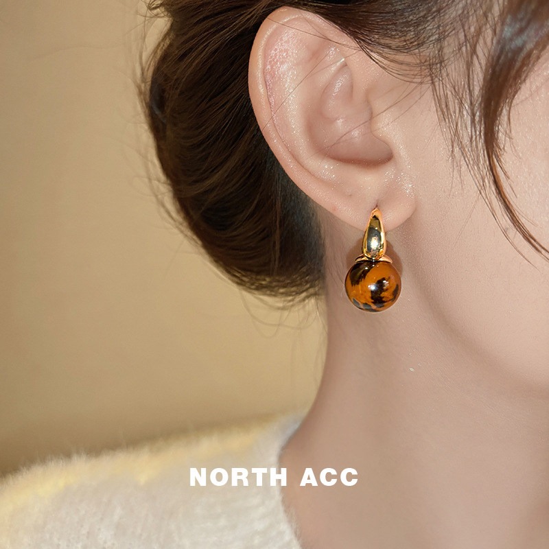 NORTHACC美拉德复古琥珀色水滴耳扣豹纹耳钉轻奢秋冬耳环耳饰女