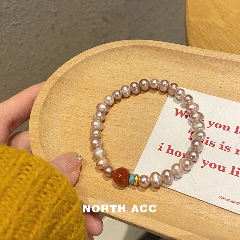 NORTHACC新中式轻奢天然淡水珍珠手链文艺复古简约红玛瑙手串女