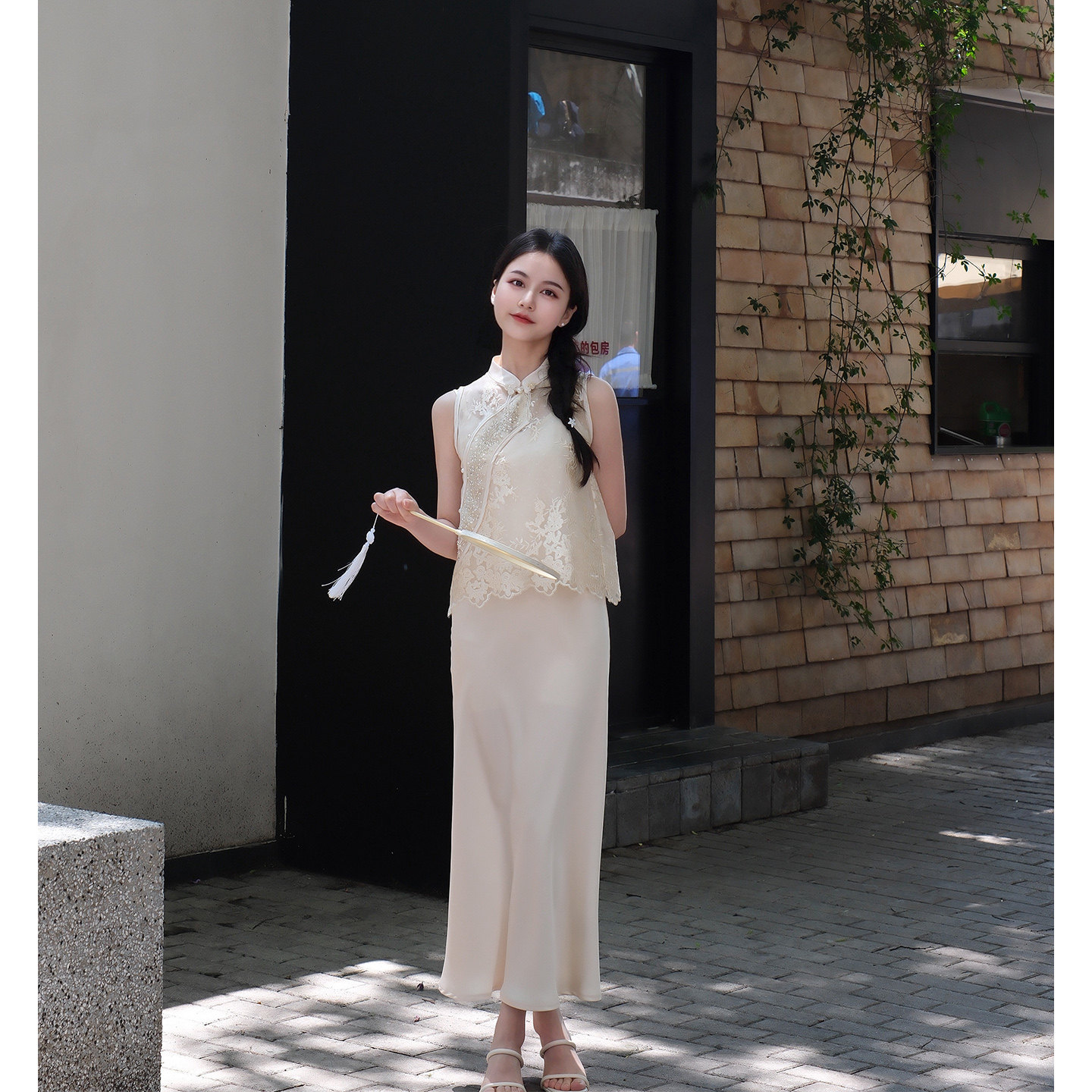【月照金枝】小个子定制新中式网纱刺绣马甲上衣缎面吊带裙套装女