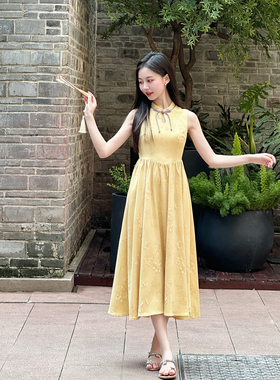 【玄花清梦】小娜椒小个子国风黄色印花收腰显瘦改良旗袍连衣裙女