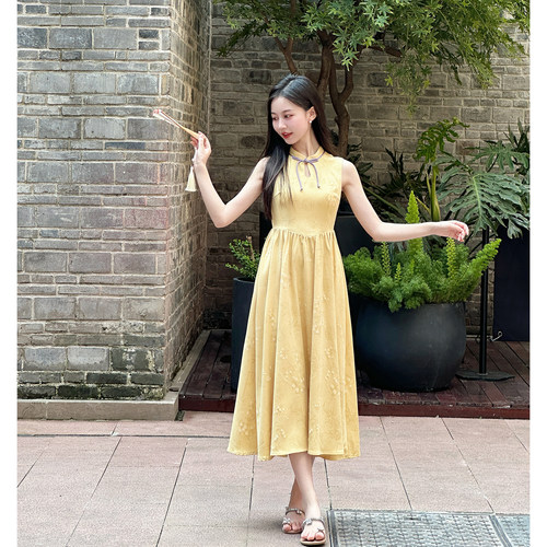 【玄花清梦】小娜椒小个子国风黄色印花收腰显瘦改良旗袍连衣裙女