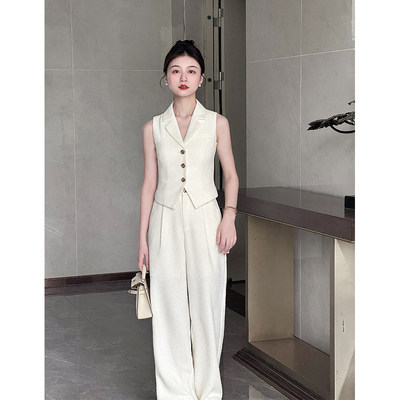 【通勤法则】小娜椒小个子老钱风无袖马甲上衣直筒裤时尚套装女