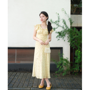 【伊甸园游记】小娜椒小个子夏季黄色碎花V绑带荷叶时尚连衣裙女