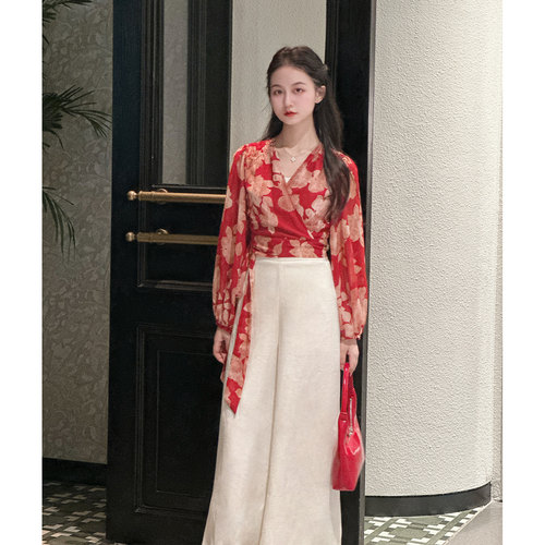 【繁花漫季】小娜椒小个子法式复古印花衬衫V领绑带红色上衣女