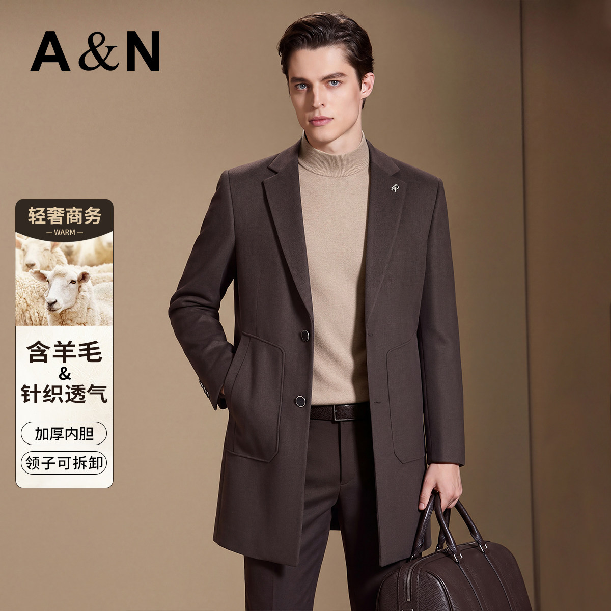 【商务休闲&加厚内胆】AntonNeal针织中长款羊毛大衣男可拆领外套