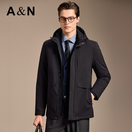 【85鹅绒服】AntonNeal保暖不臃肿连帽羽绒服男可拆鹅绒内胆外套