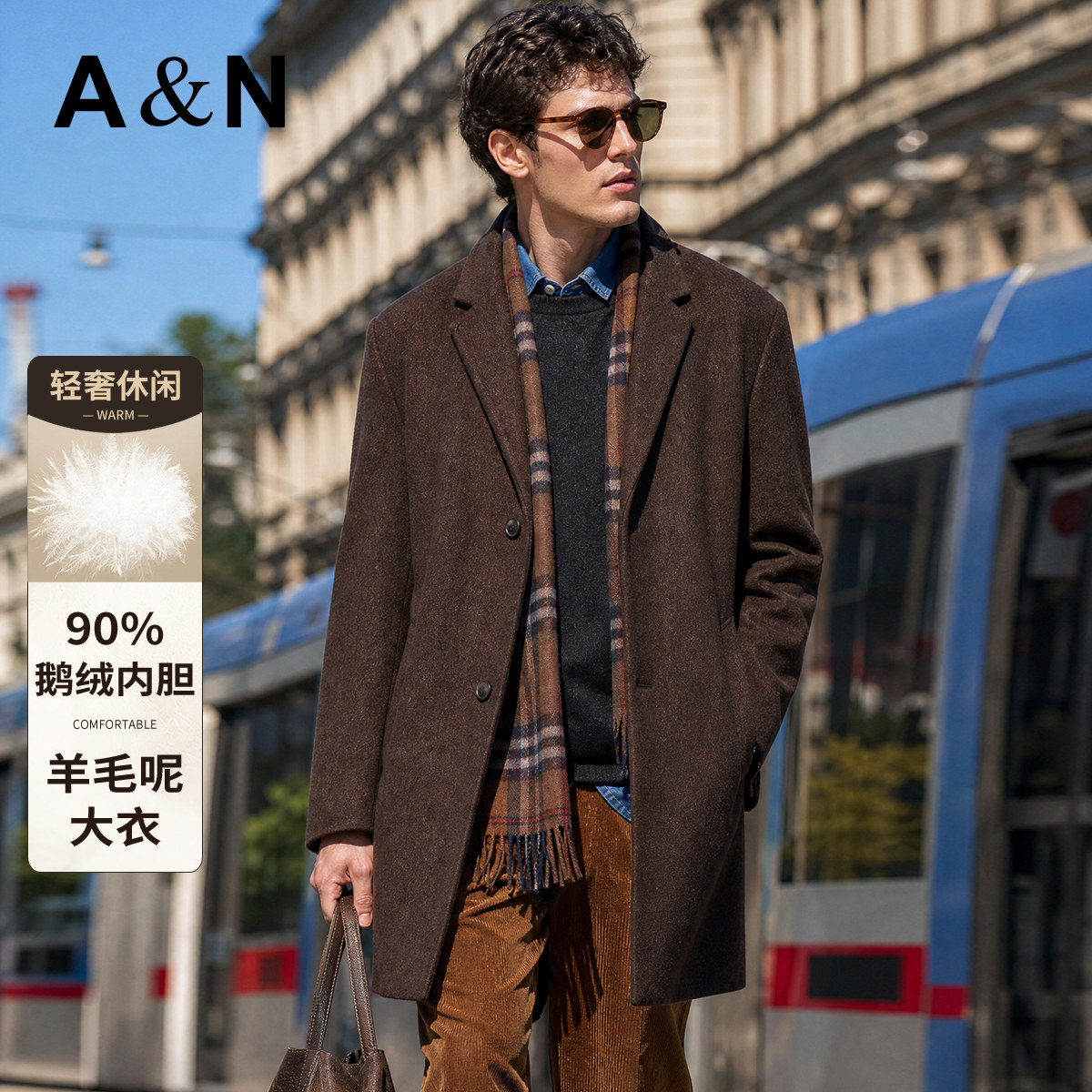 【羊毛羊绒&可拆背心内胆】AntonNeal90鹅绒中长羊毛呢大衣男外套