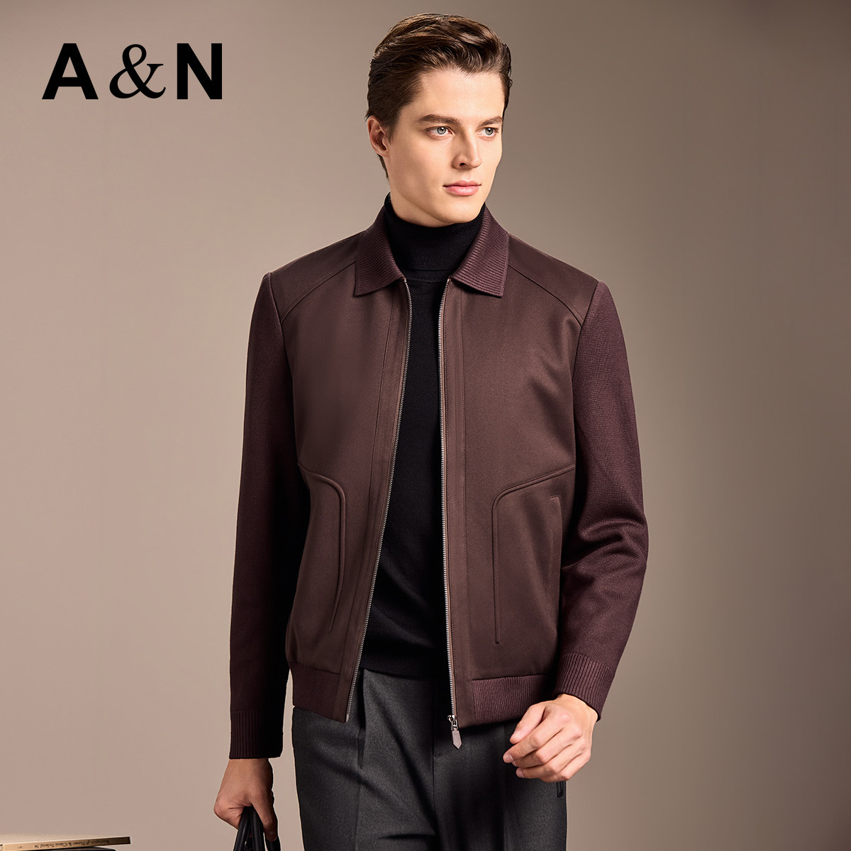 【轻奢老钱风】休闲拼接夹克外套男秋冬新款翻领上衣时尚针织开衫