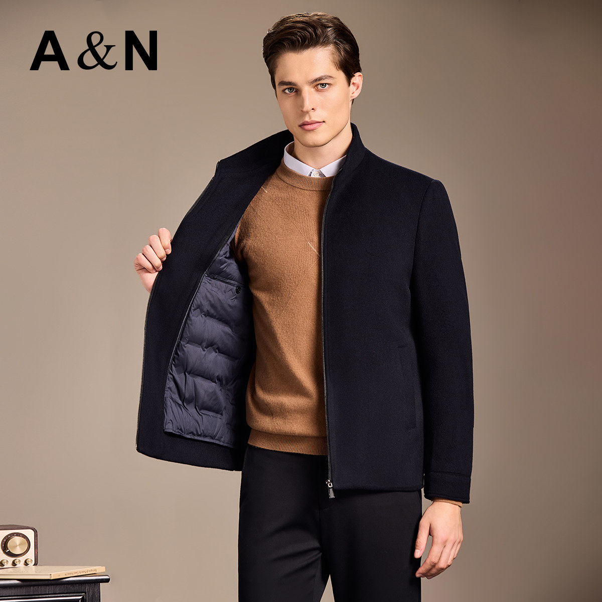 【轻奢90白鹅绒】AntonNeal高档羊毛大衣男商务立领羽绒夹克外套