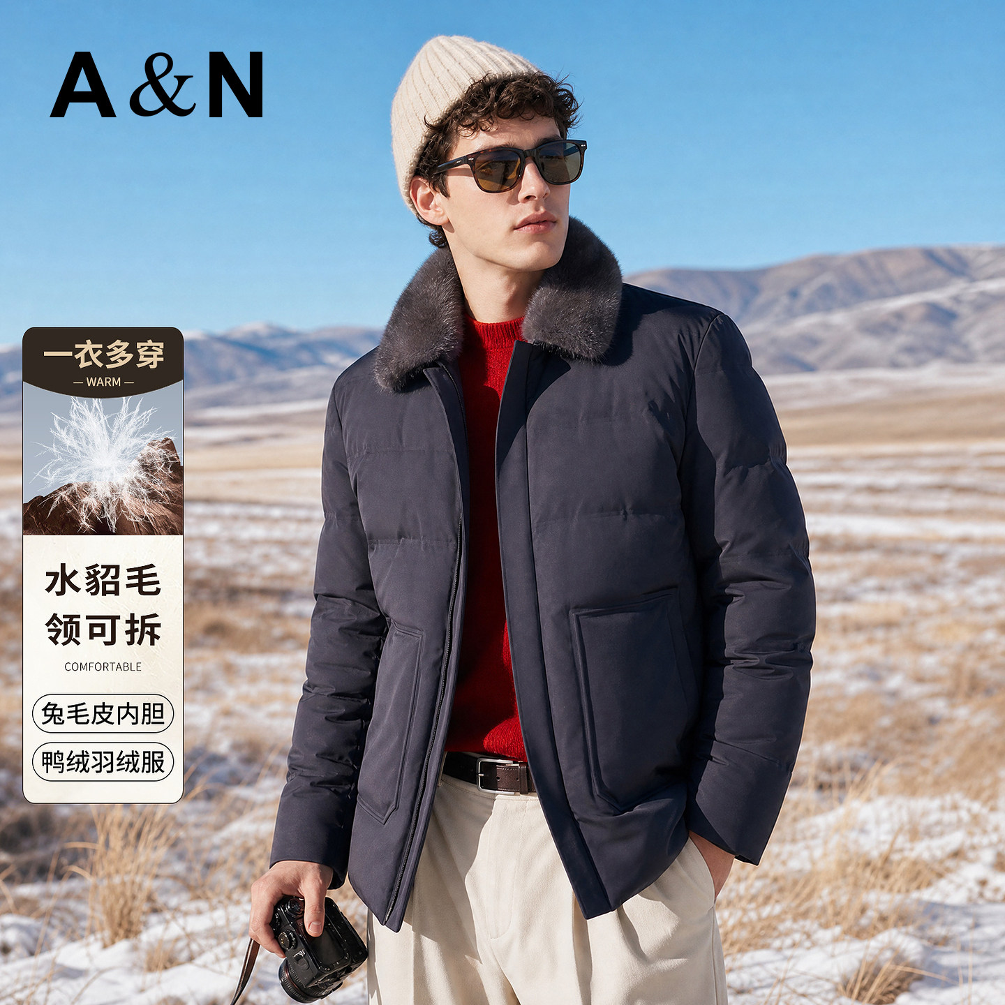 【85鸭绒&水貂毛领可拆】AntonNeal兔毛皮内胆男士面包羽绒服外套