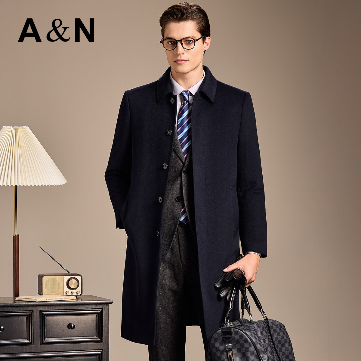 【30%山羊绒&鹅绒内胆】AntonNeal轻奢商务长款羊绒大衣男呢外套