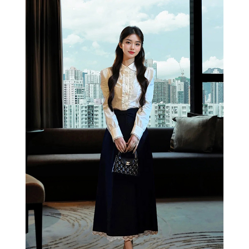 华尔街舞会 法式千金风设计感衬衫裙子套装秋装新款温柔长裙套装
