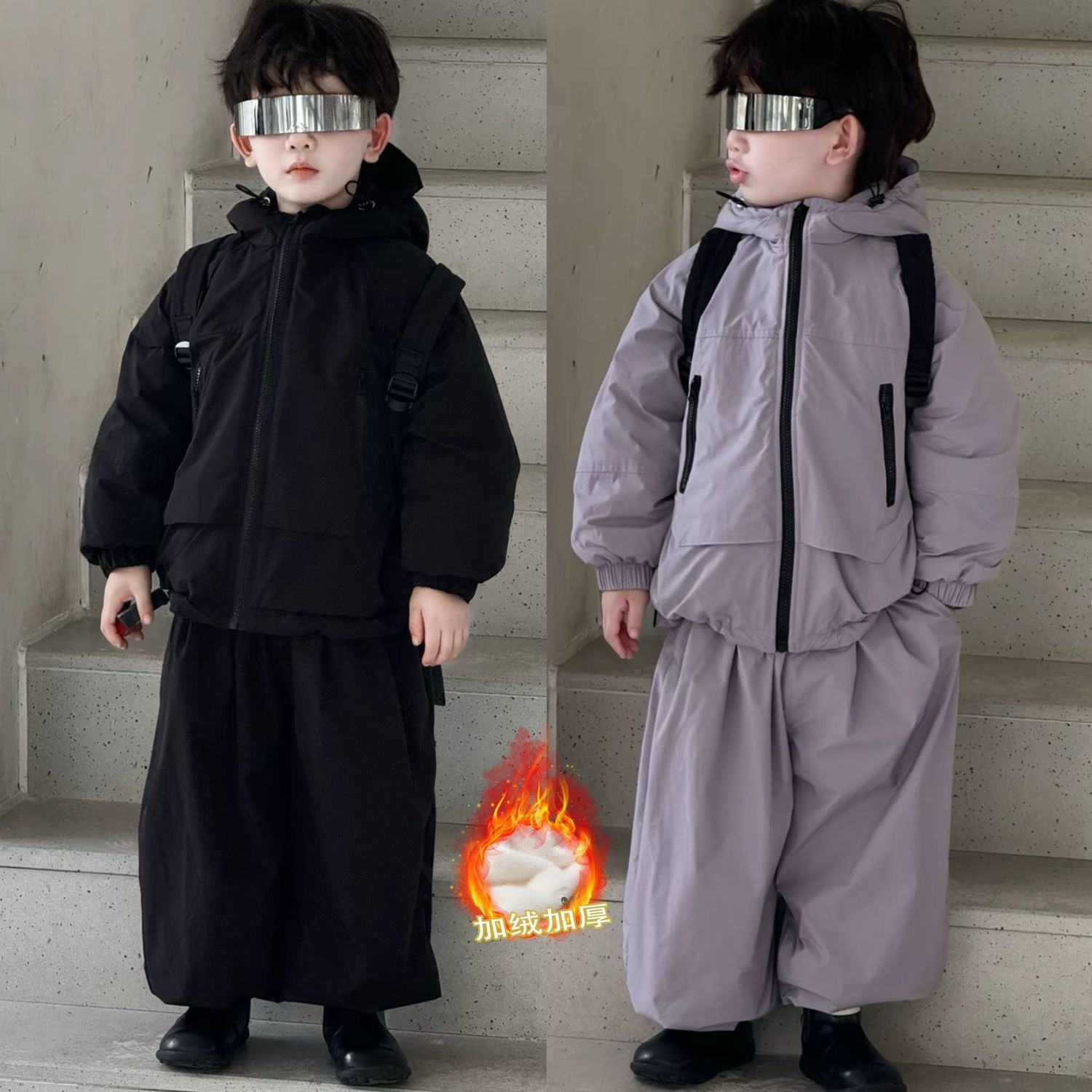 男童加绒加厚连帽运动套装冬装潮