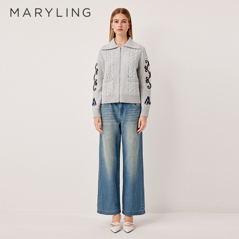 MARYLING玛俪琳奥莱outlets大翻领针织肌理针织开衫A1FHW09250