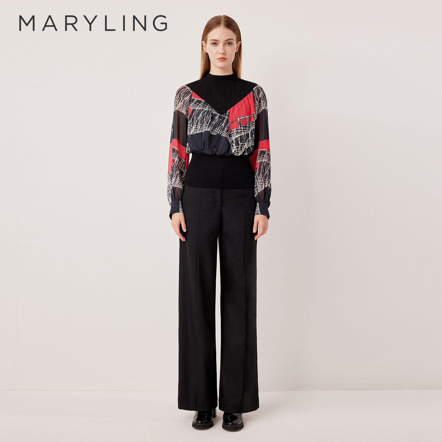 MARYLING玛俪琳奥莱outlets半高领针织拼接印花上衣A1FHW26470
