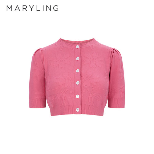 MARYLING玛俪琳奥莱outlets蜜桃粉色圆领暗花针织开衫A1DBW08880