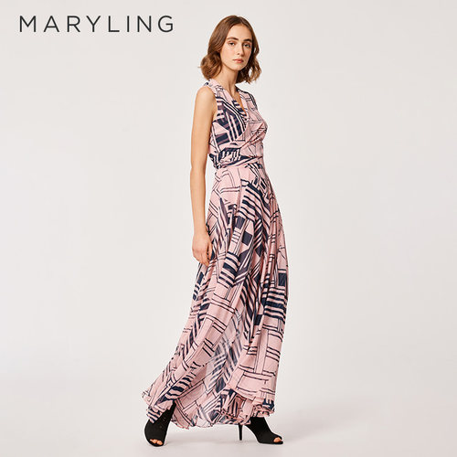 MARYLING印花V领无袖连衣裙