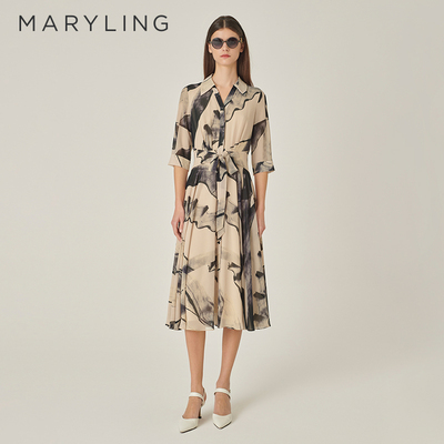 MARYLING玛俪琳伯牙绝弦水墨画风印花收腰长裙连衣裙A1EFW61530