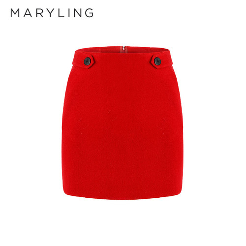 MARYLING红色羊毛A字短裙