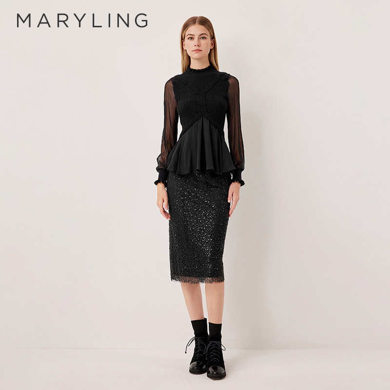 MARYLING玛俪琳奥莱outlets黑色亮丝双层拼接弹力半裙A1FGW72420