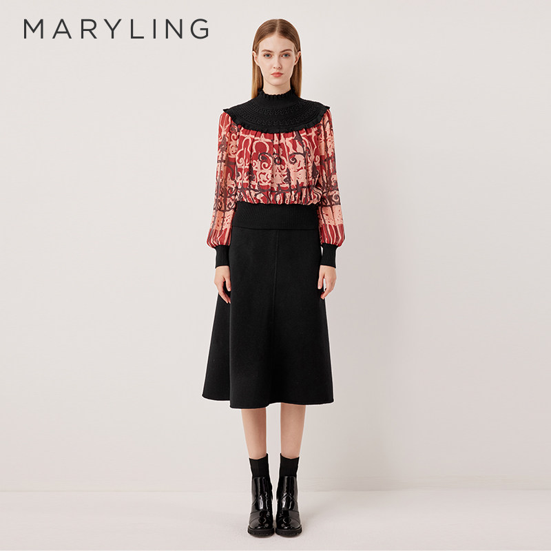 MARYLING玛俪琳奥莱outlets黑色花边拉夫领针织上衣A1FHW26400