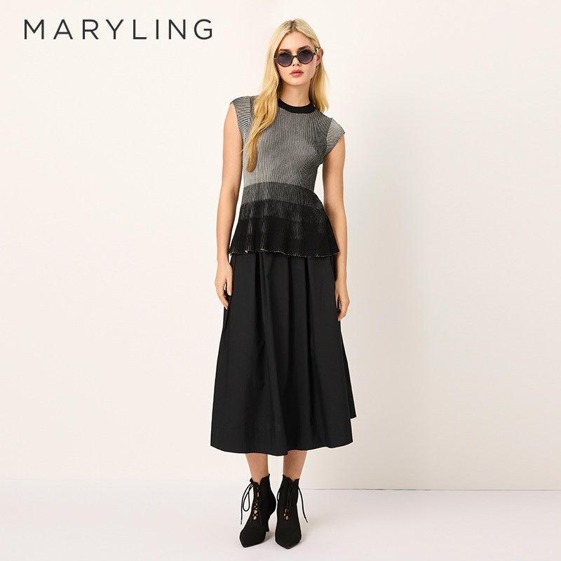 MARYLING玛俪琳奥莱outlets春夏黑杏拼色针织短袖上衣A1FCW01190